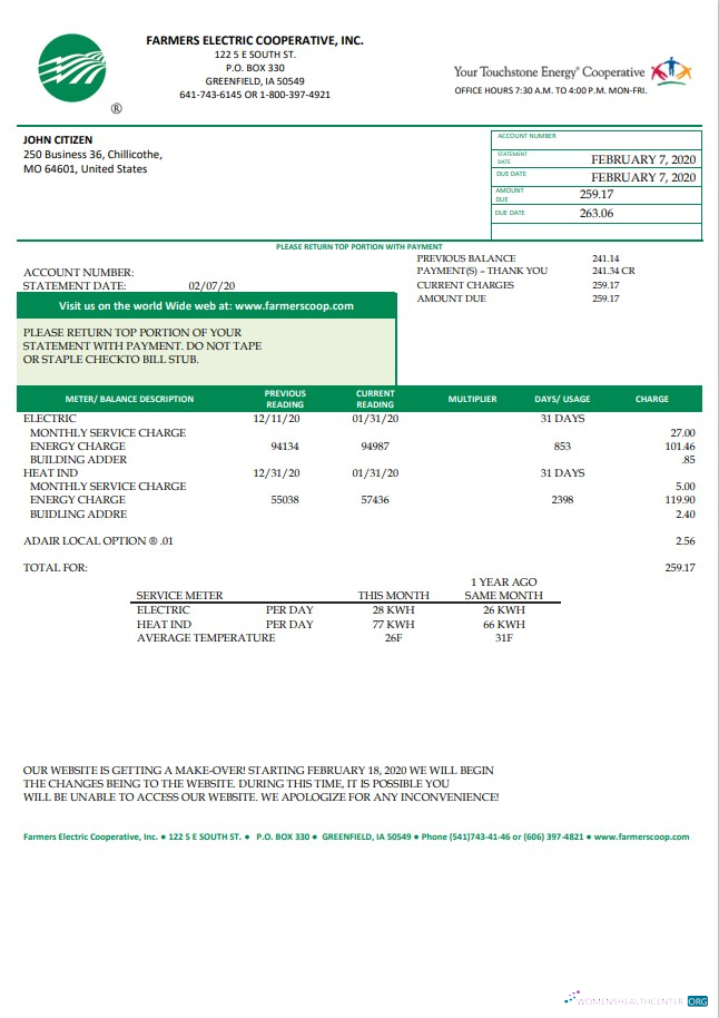 download USA Ohio Farmers Electric Cooperative utility bill template in Word and PDF format, version 2 PDF template